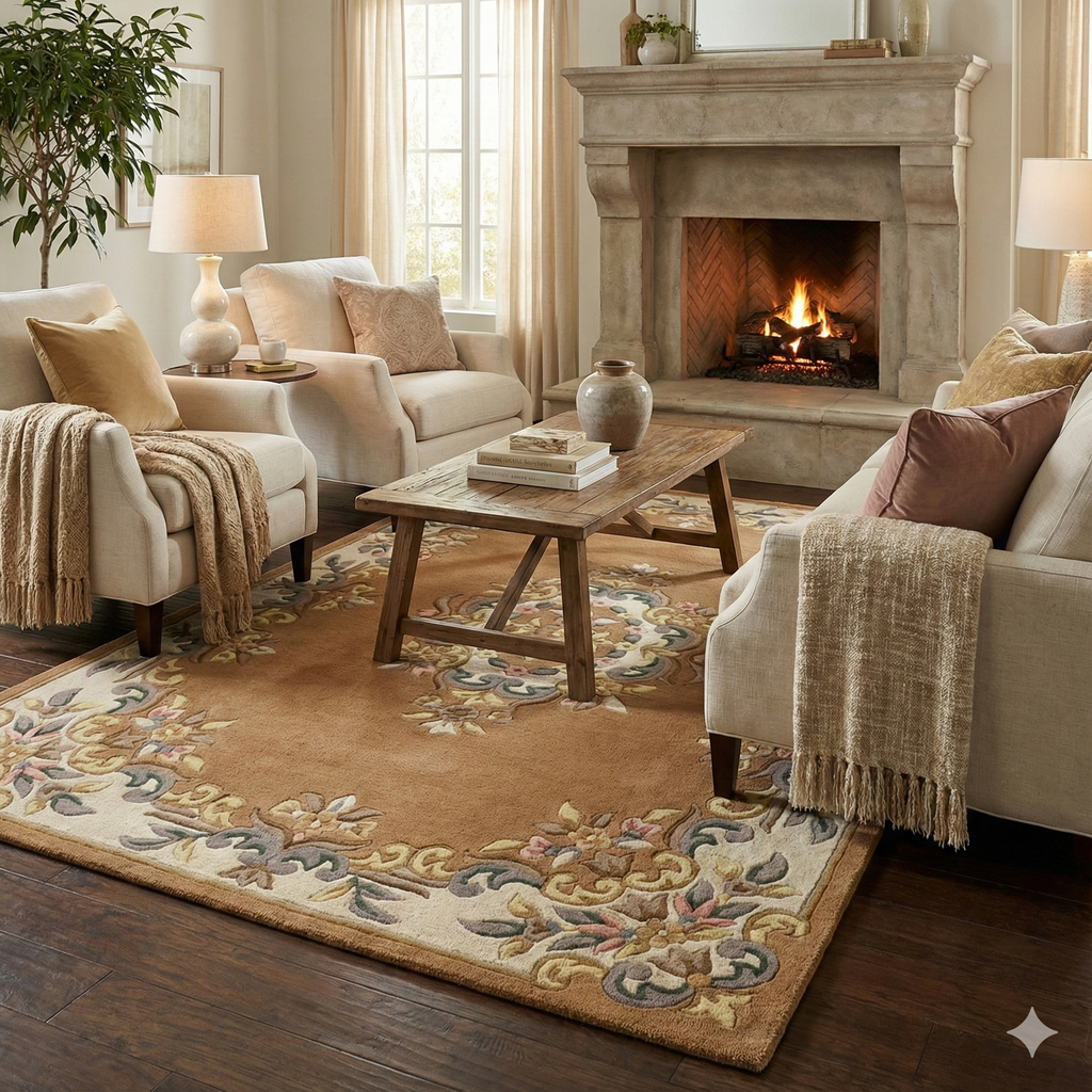 Classic Floral Wool Rug - Hand-Tufted Traditional Design in Caramel & Ivory | Vintage-Style Area Rug by Rug Regalia