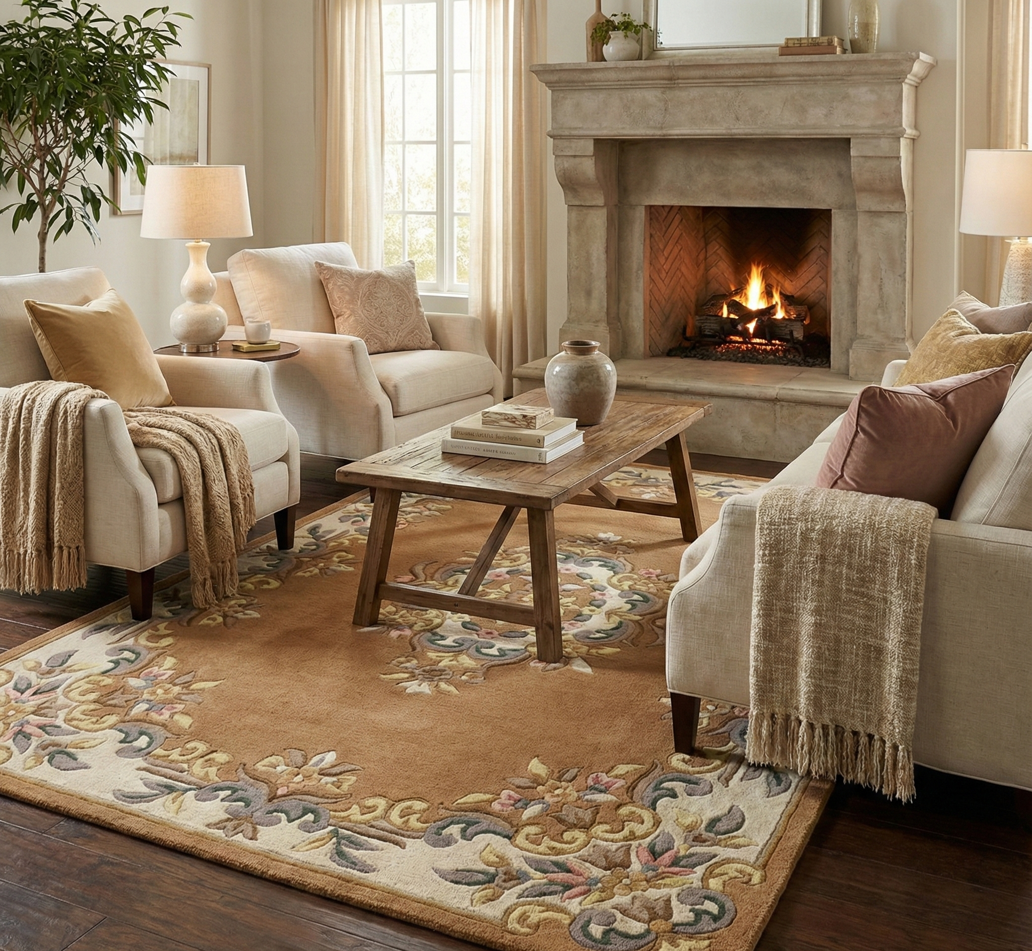 Classic Floral Wool Rug - Hand-Tufted Traditional Design in Caramel & Ivory | Vintage-Style Area Rug by Rug Regalia