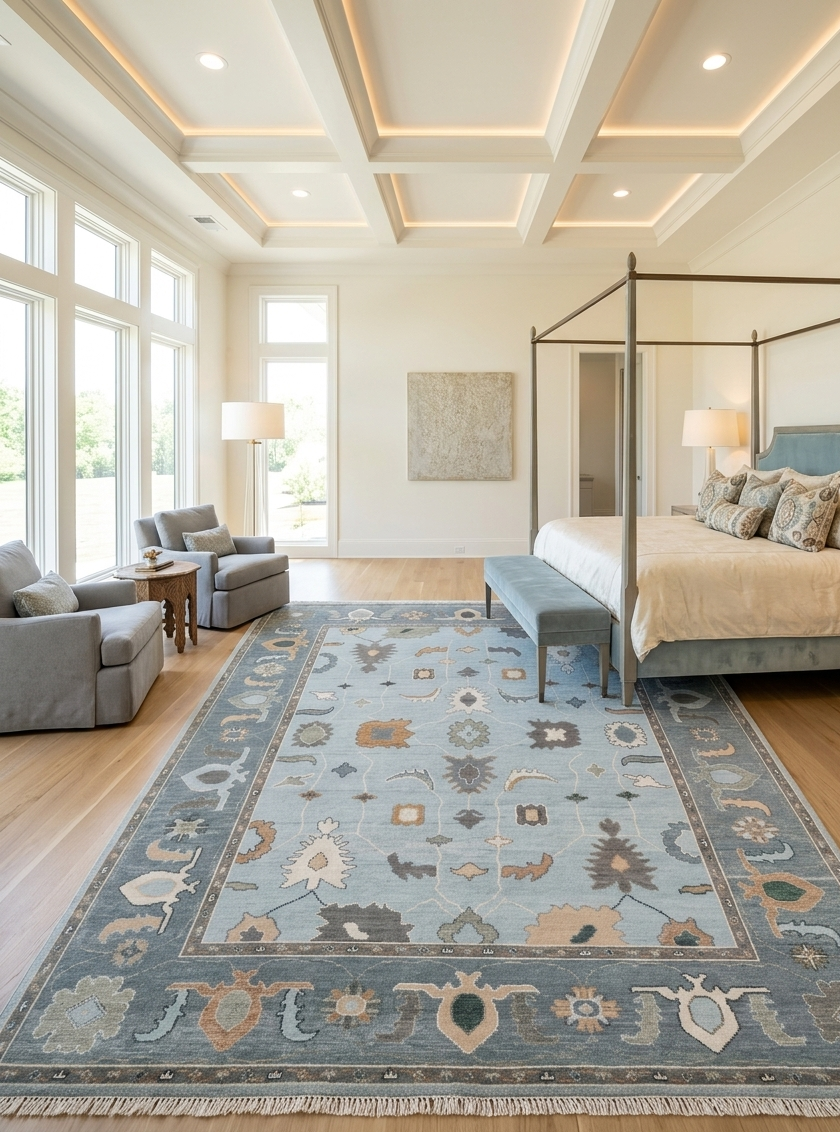 Light Blue Turkish Vintage Wool Carpet, Traditional Geometric Medallion Rug, Soft Pastel Handmade Area Rug for Living Room Bedroom