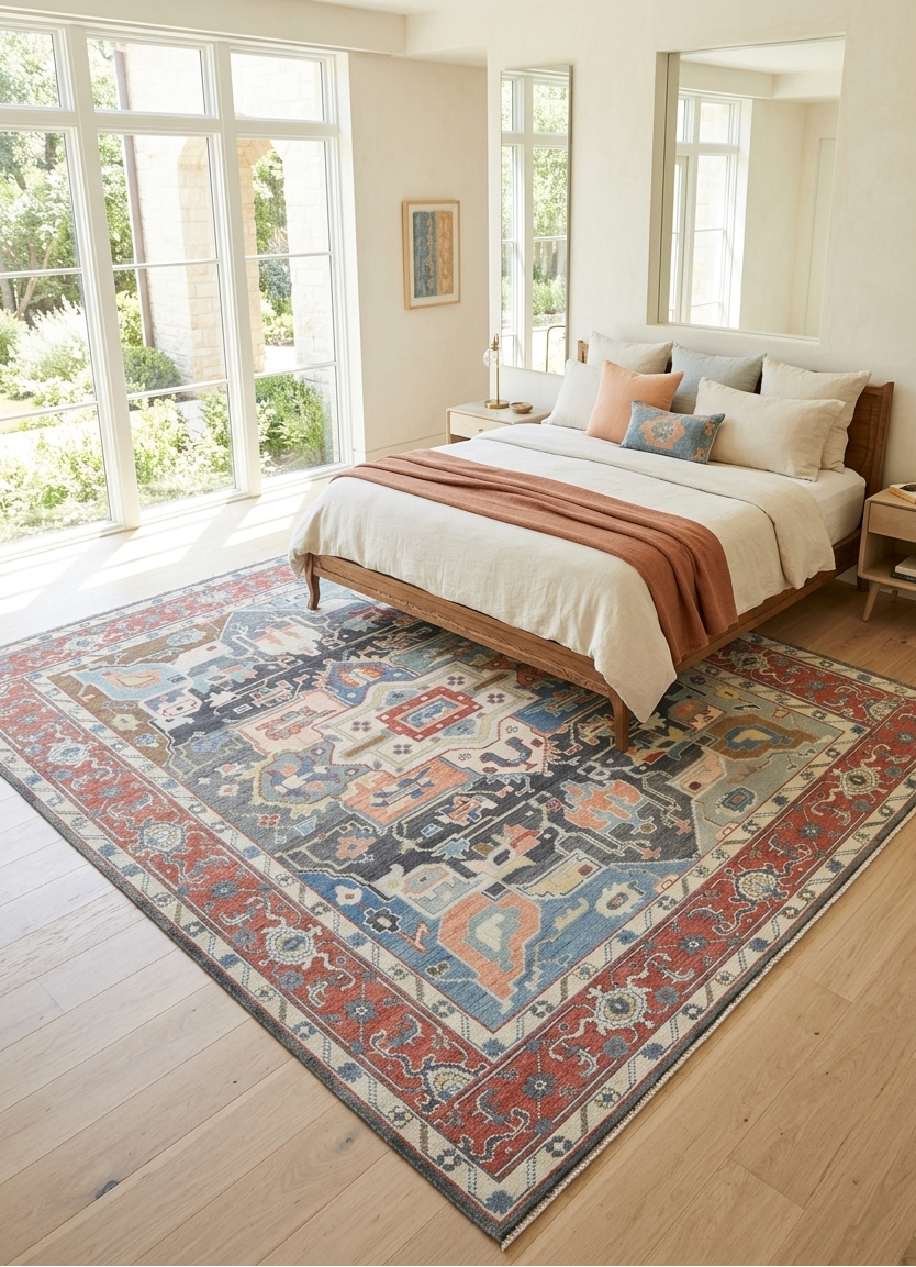 Hand Knotted Wool Oushak Rug, Red Ivory Blue Medallion Carpet (8x10)