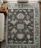 Hand Knotted Oushak Rug – Vintage Turkish Wool Carpet, Soft Green & Charcoal Medallion Design