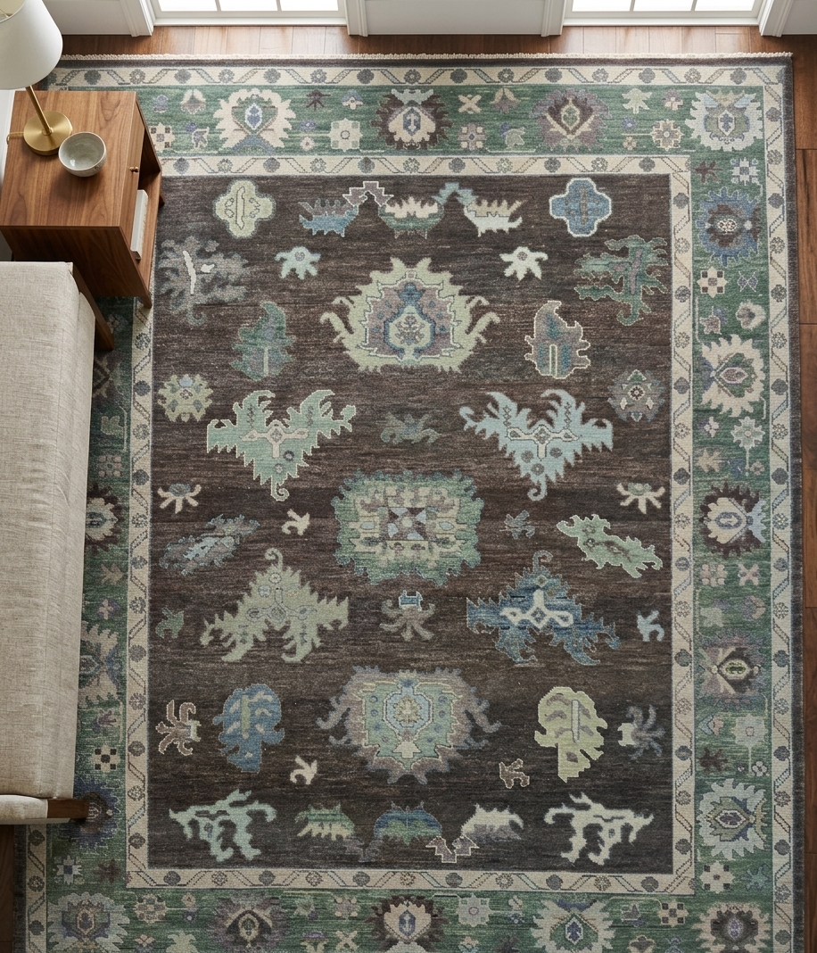 Hand Knotted Oushak Rug – Vintage Turkish Wool Carpet, Soft Green & Charcoal Medallion Design