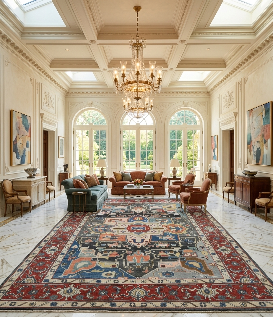 Hand Knotted Wool Oushak Rug, Red Ivory Blue Medallion Carpet (8x10)