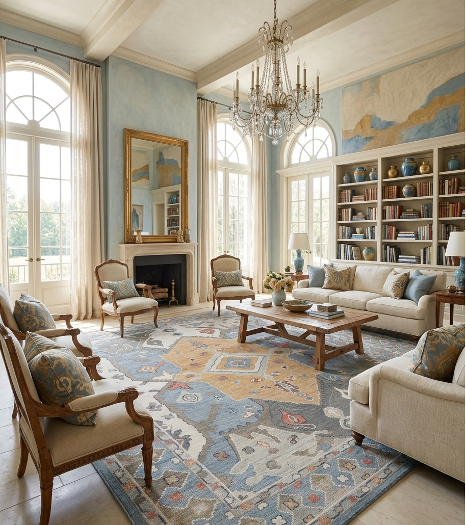 Blue Oushak Rug 8x10 – Hand Knotted Wool Turkish Vintage Area Rug