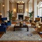 Hand-Knotted Oushak Wool Rug - Soft Blue with Mustard & Charcoal Accents | Rug Regalia