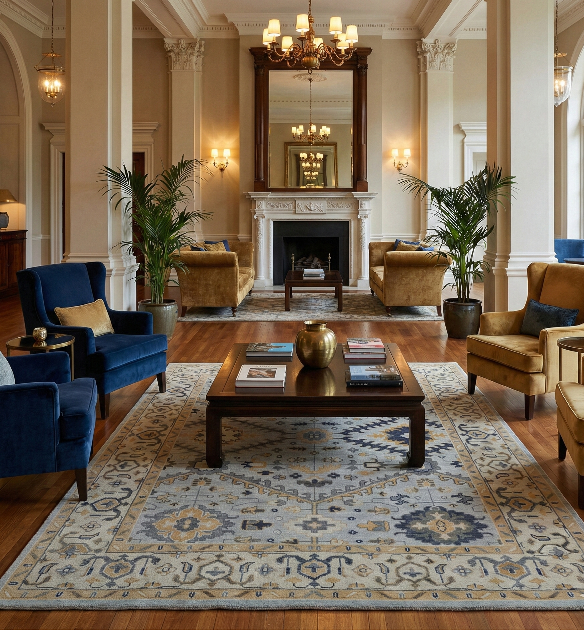 Hand-Knotted Oushak Wool Rug - Soft Blue with Mustard & Charcoal Accents | Rug Regalia