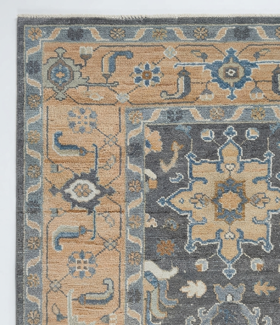 Hand Knotted Wool Oushak Rug, Gray Beige Blue Medallion Turkish Style Carpet 8x10
