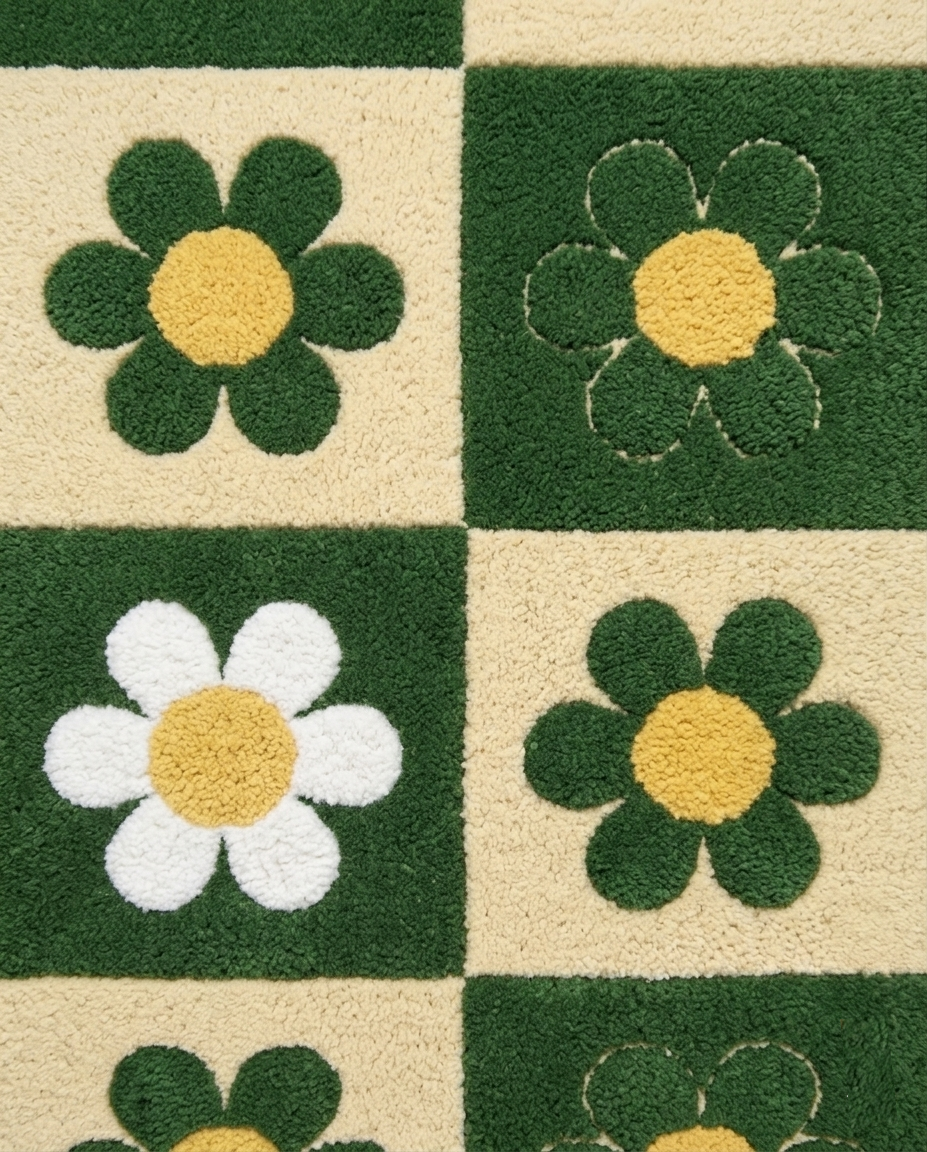 Retro Daisy Checkerboard Hand Tufted Rug – Green & Cream Floral Pattern | Modern Aesthetic Area Rug for Living Room Bedroom