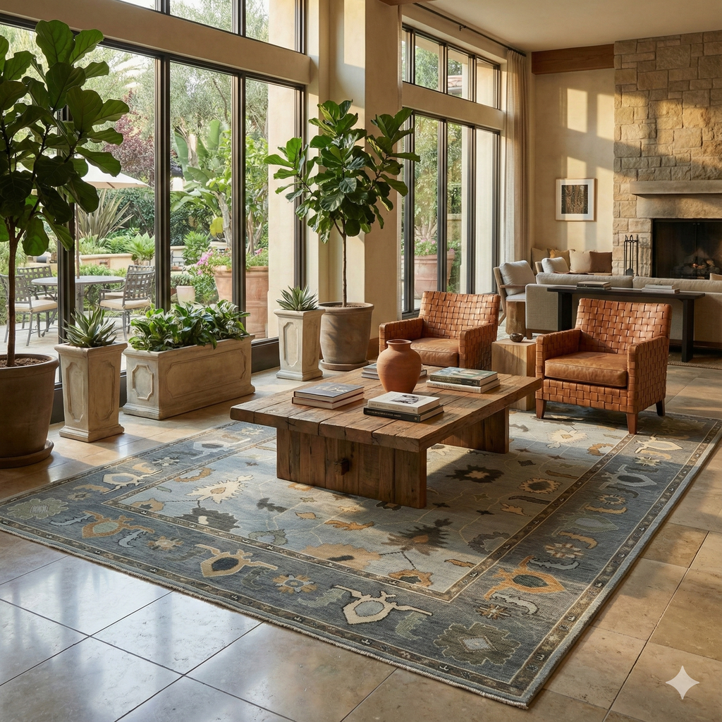 Hand-Knotted Oushak Wool Rug - Misty Gray with Earth-Tone Accents | Luxury Turkish Handmade Carpet by Rug Regalia