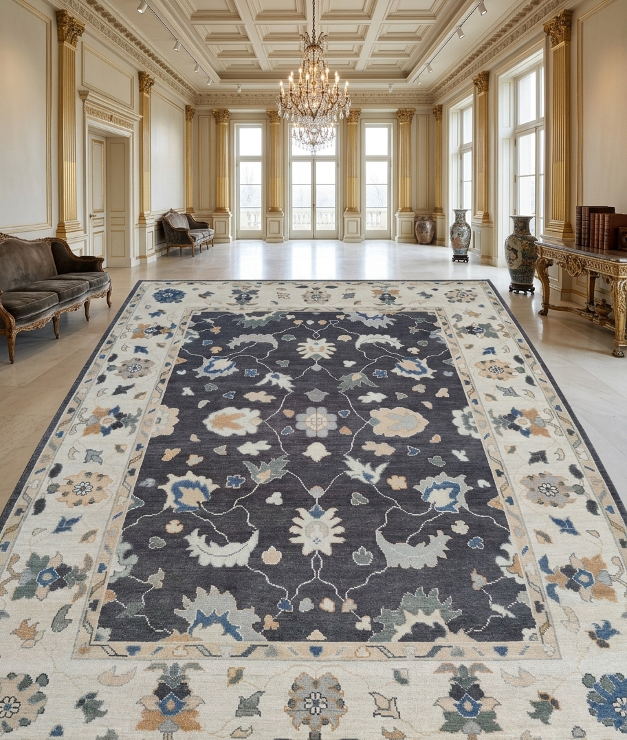 Hand-Knotted Charcoal Ivory Floral Oriental Wool Rug, Vintage Turkish Oushak Carpet