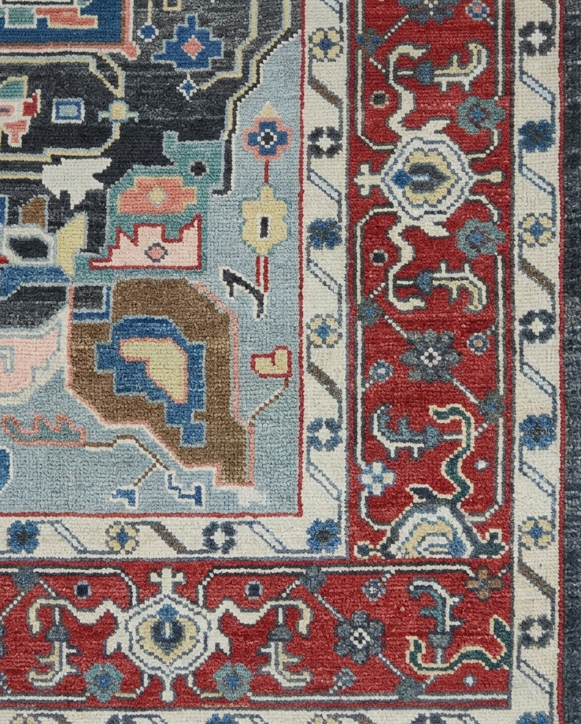 Hand Knotted Wool Oushak Rug, Red Ivory Blue Medallion Carpet (8x10)