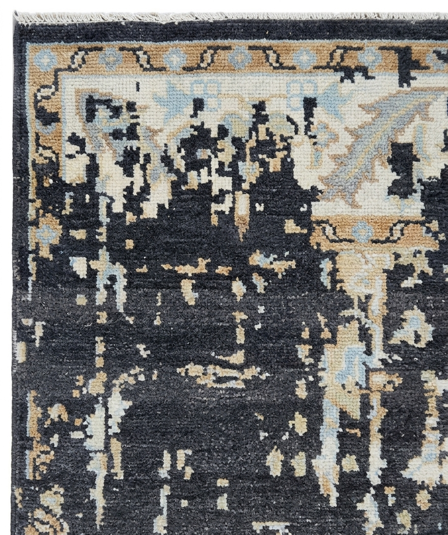 Vintage Distressed Turkish Style Wool Carpet, Beige Ivory Charcoal Black Antique Look Area Rug for Living Room, Bedroom hand knotted rug