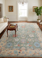 Hand Knotted Oushak Rug 9x12 Ft – Sage Green & Ivory Vintage Turkish Wool Carpet, Floral Medallion Area Rug for Living Room