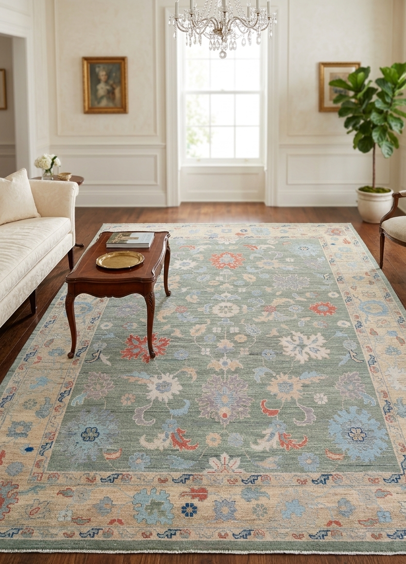 Hand Knotted Oushak Rug 9x12 Ft – Sage Green & Ivory Vintage Turkish Wool Carpet, Floral Medallion Area Rug for Living Room