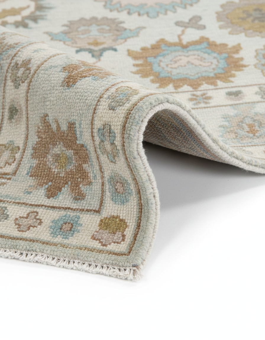 Ivory Oushak Rug – Hand Knotted Wool Rug, Vintage Turkish Floral Rug, Soft Pastel Area Rug, 8x10 Custom Rug