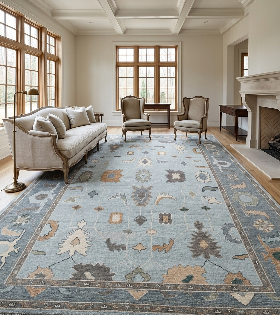 Light Blue Turkish Vintage Wool Carpet, Traditional Geometric Medallion Rug, Soft Pastel Handmade Area Rug for Living Room Bedroom