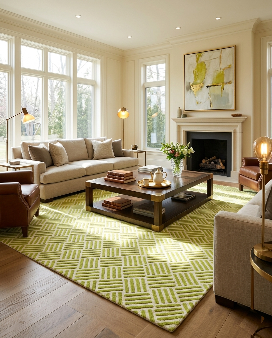 Rug Regalia Hand Tufted Wool Geometric Lattice Pattern Rug, Modern Linear Design, 8x10 ft, Green & Ivory