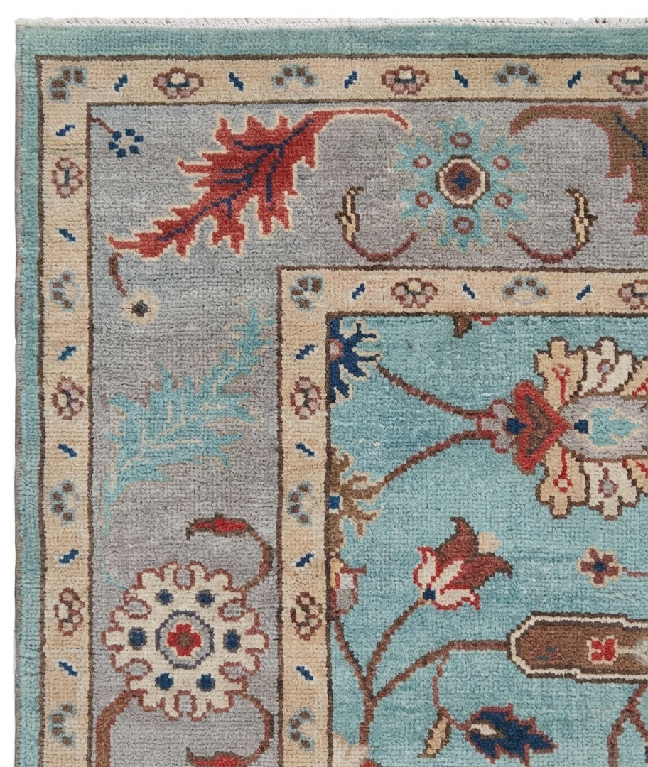 Blue Oushak Rug 8x10 Hand Knotted Wool Turkish Rug, Vintage Floral Area Rug, Light Blue Living Room Rug, Custom Size Rug