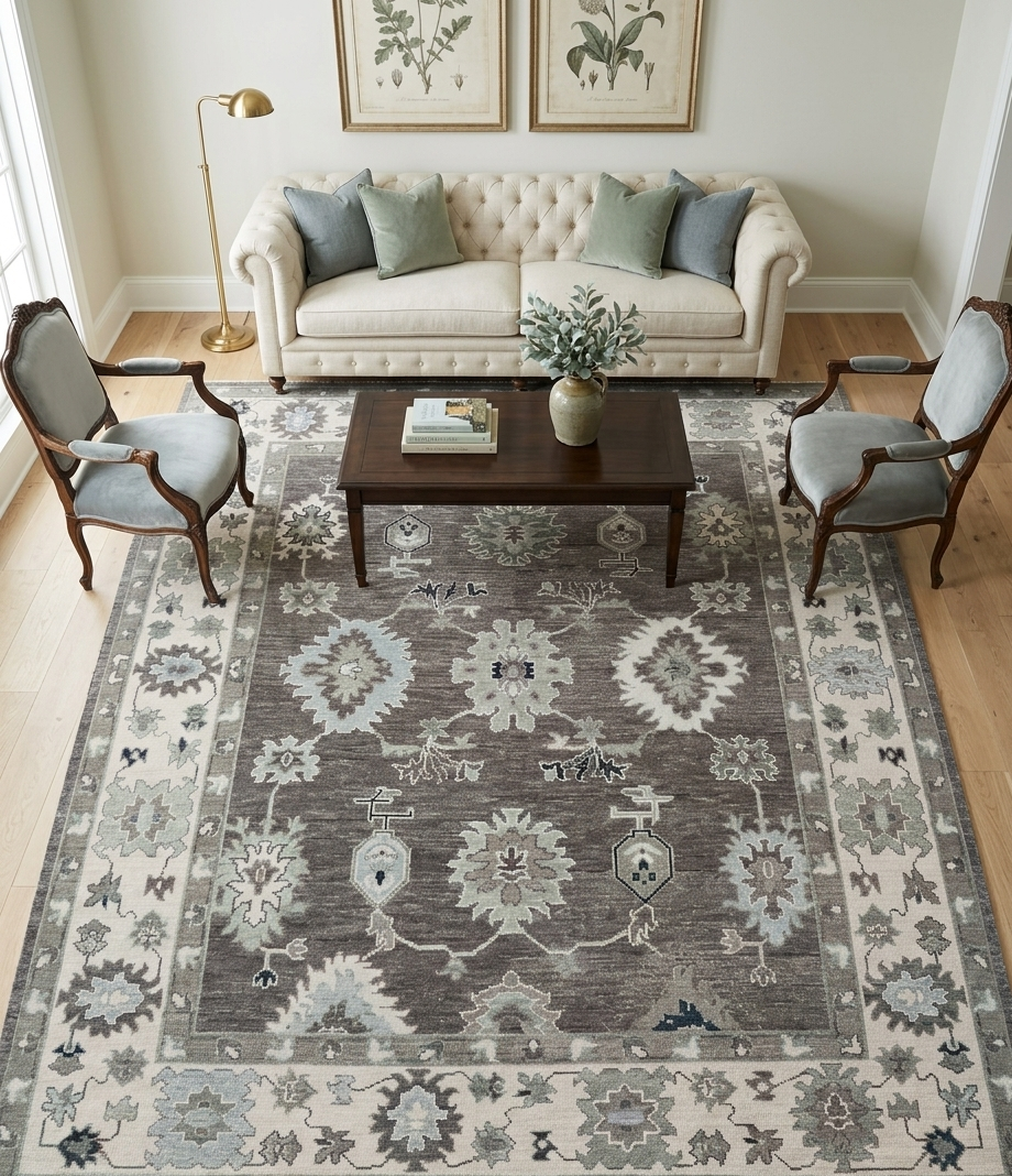 Hand Knotted Oushak Rug 9x12 Ft – Taupe Brown & Ivory Vintage Turkish Wool Carpet, Traditional Floral Medallion Area Rug