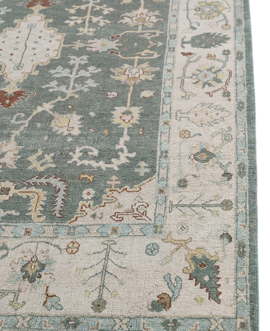 Blue Ivory Oushak Style Rug, Hand Knotted Wool Area Rug, Vintage Turkish Inspired Carpet, Living Room Rug 8x10, Custom Size Available