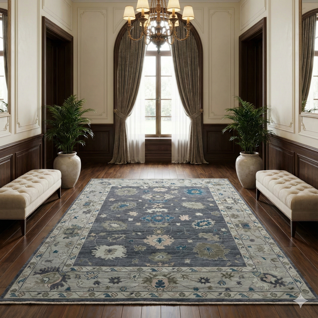 Hand-Knotted Oushak Wool Rug - Charcoal & Soft Gray Accents | Luxury Turkish Design by Rug Regalia
