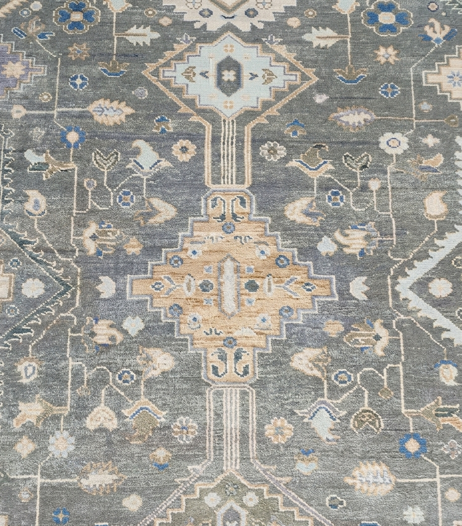 Hand Knotted Oushak Rug 8x10, Grey Vintage Turkish Wool Rug, Ivory Border Geometric Floral Carpet, Handmade Luxury Area Rug Custom