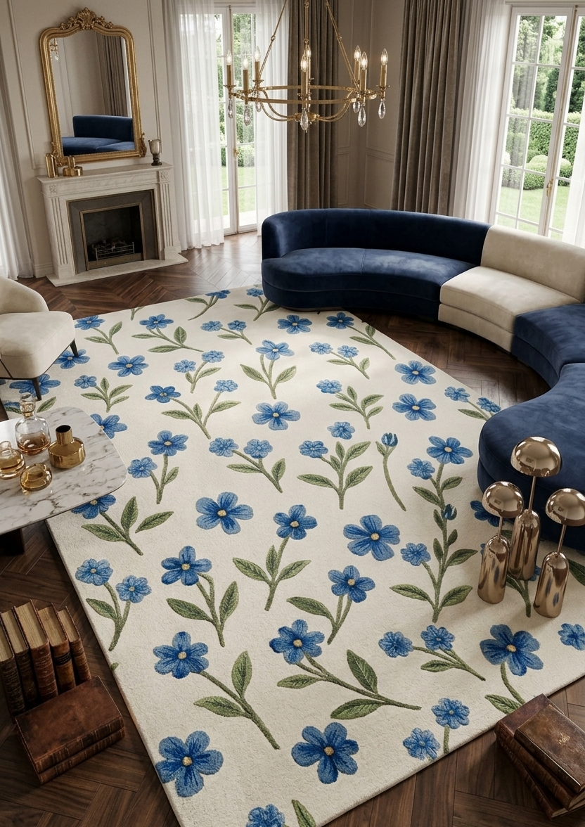 Elegant Hand Tufted Botanical Floral Rug – Soft Ivory Base with Wildflower Design | Modern Nature-Inspired Area Rug