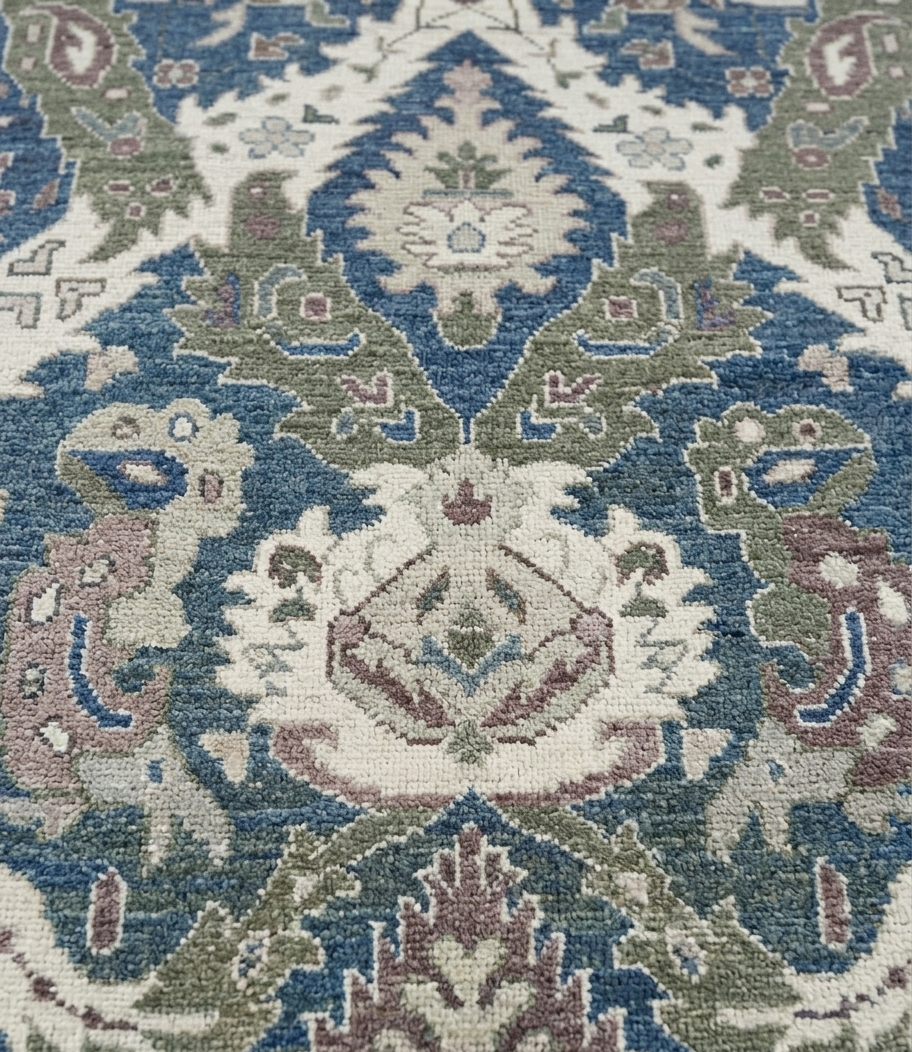 Blue Ivory Vintage Style Area Rug, Hand Knotted Wool Rug, Traditional Floral Carpet, 8x10 Living Room Rug, Custom Size Available