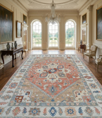 Hand Knotted Oushak Rug, Terracotta Coral & Beige Turkish Wool Rug, Vintage Medallion Oriental Carpet, Handmade Floral Area Rug, Custom Size