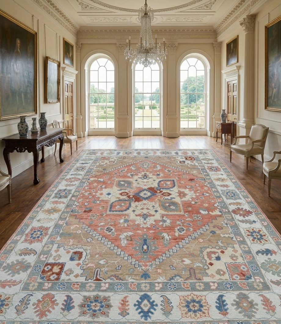 Hand Knotted Oushak Rug, Terracotta Coral & Beige Turkish Wool Rug, Vintage Medallion Oriental Carpet, Handmade Floral Area Rug, Custom Size
