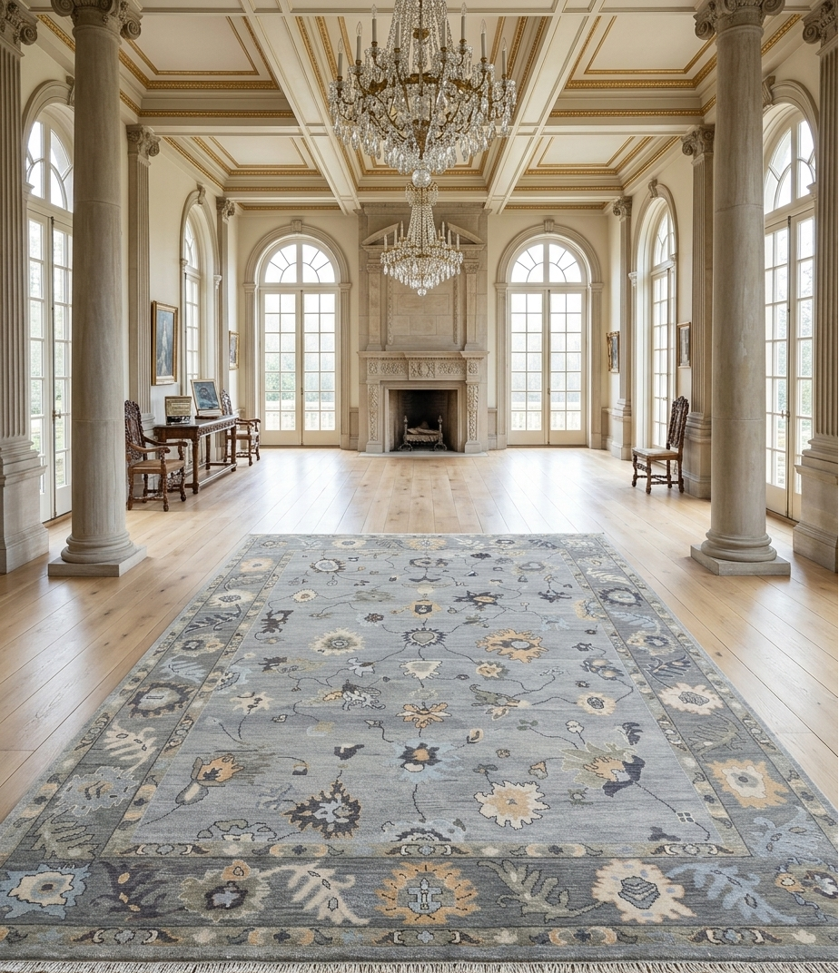 Gray Blue Oushak Rug, Hand Knotted Wool Rug, Vintage Turkish Style Carpet, 8x10 Area Rug, Living Room Bedroom Rug, Custom Size Available