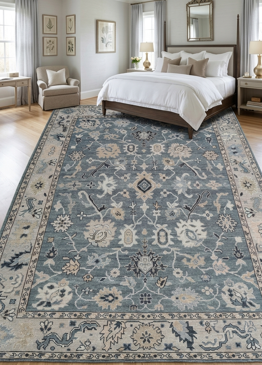 Hand Knotted Oushak Rug 8x10, Blue Grey Vintage Turkish Wool Rug, Ivory Border Floral Carpet, Handmade Living Room Rug Custom