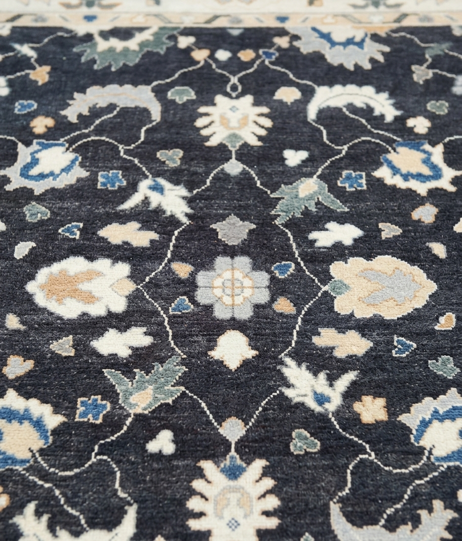 Hand-Knotted Charcoal Ivory Floral Oriental Wool Rug, Vintage Turkish Oushak Carpet