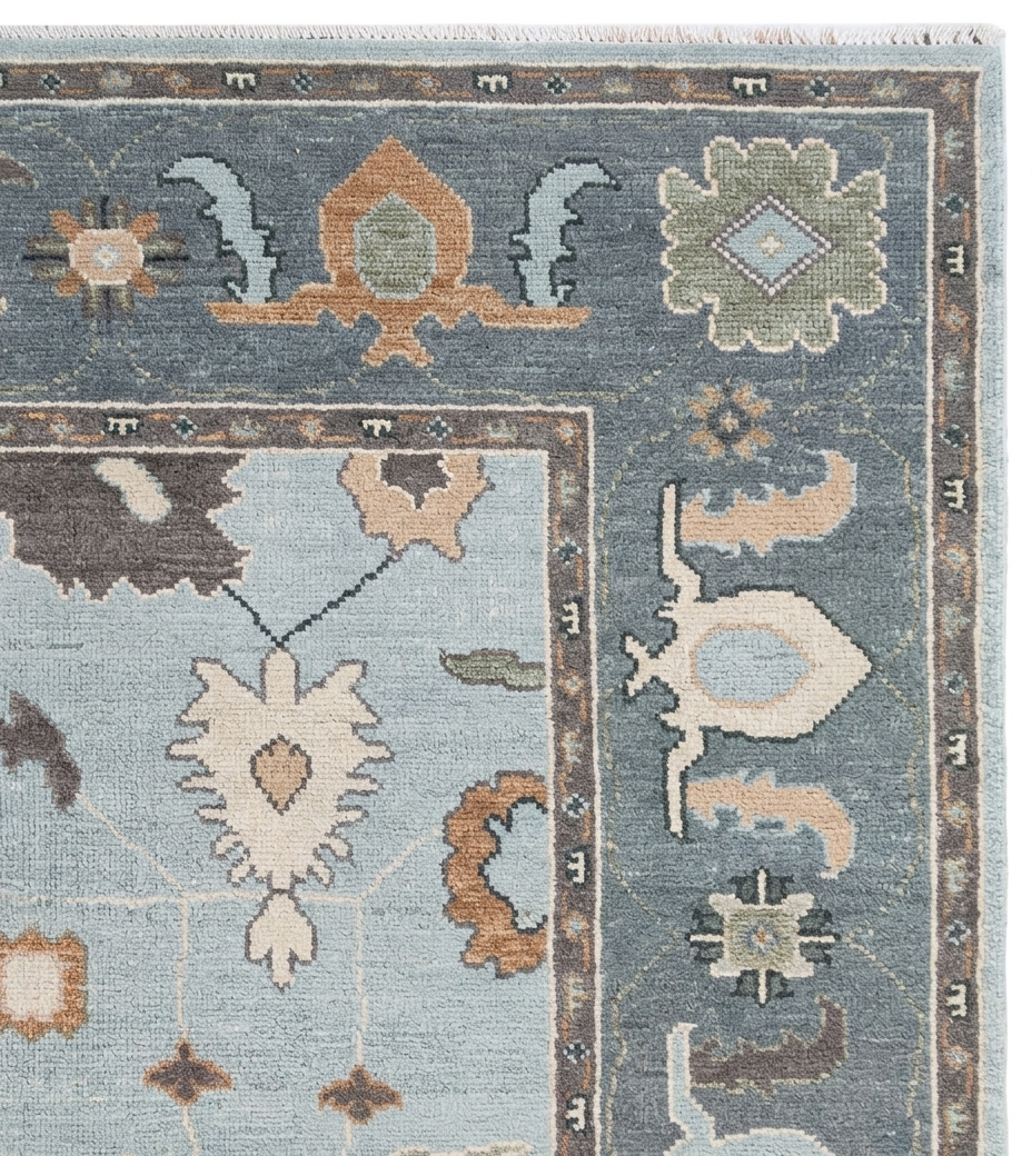 Light Blue Turkish Vintage Wool Carpet, Traditional Geometric Medallion Rug, Soft Pastel Handmade Area Rug for Living Room Bedroom