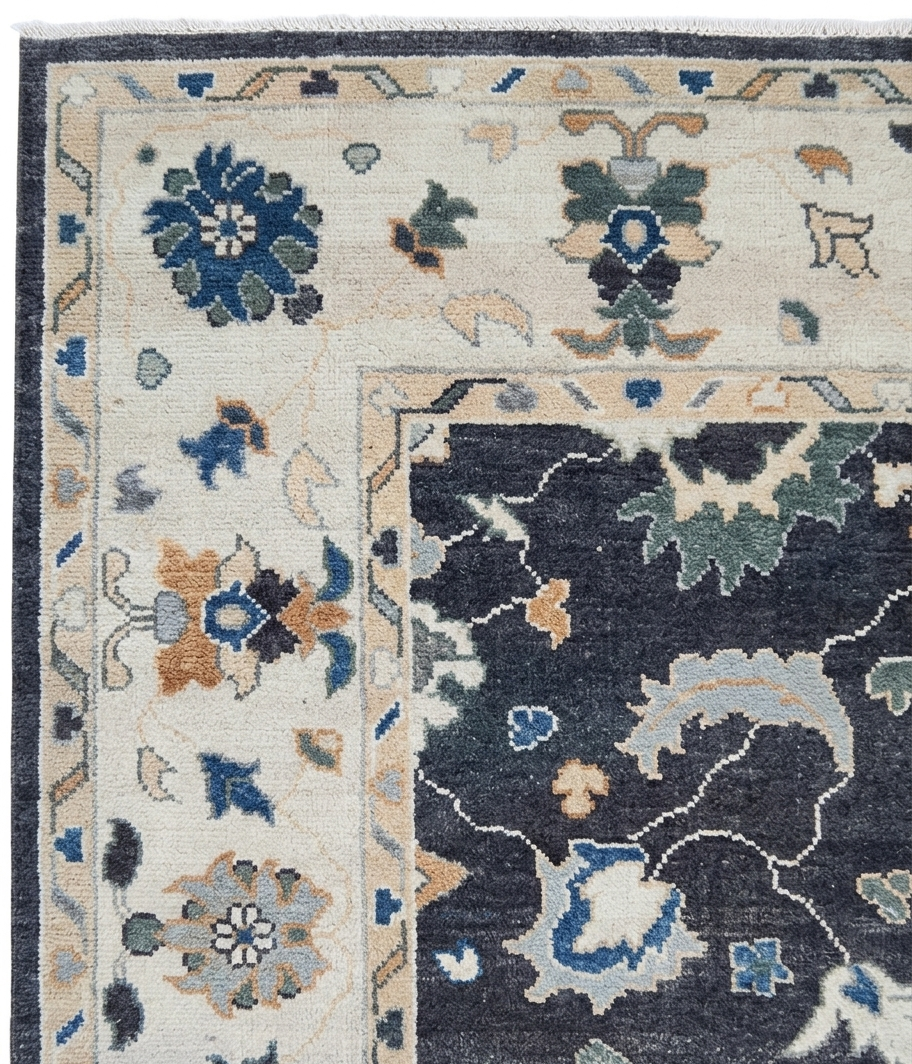 Hand-Knotted Charcoal Ivory Floral Oriental Wool Rug, Vintage Turkish Oushak Carpet