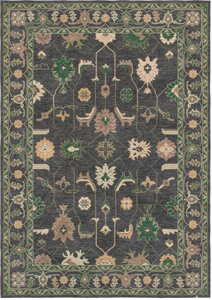 Charcoal Green Oushak Rug – Hand Knotted Wool Vintage Turkish Style 8x10 Area Rug