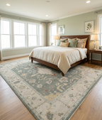 Blue Ivory Oushak Style Rug, Hand Knotted Wool Area Rug, Vintage Turkish Inspired Carpet, Living Room Rug 8x10, Custom Size Available