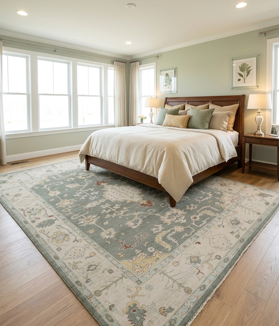 Blue Ivory Oushak Style Rug, Hand Knotted Wool Area Rug, Vintage Turkish Inspired Carpet, Living Room Rug 8x10, Custom Size Available