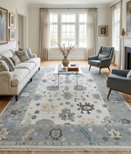 Hand Knotted Oushak Rug – Ivory & Soft Blue Turkish Wool Carpet, Vintage Geometric Medallion Handmade Area Rug for Living Room Bedroom