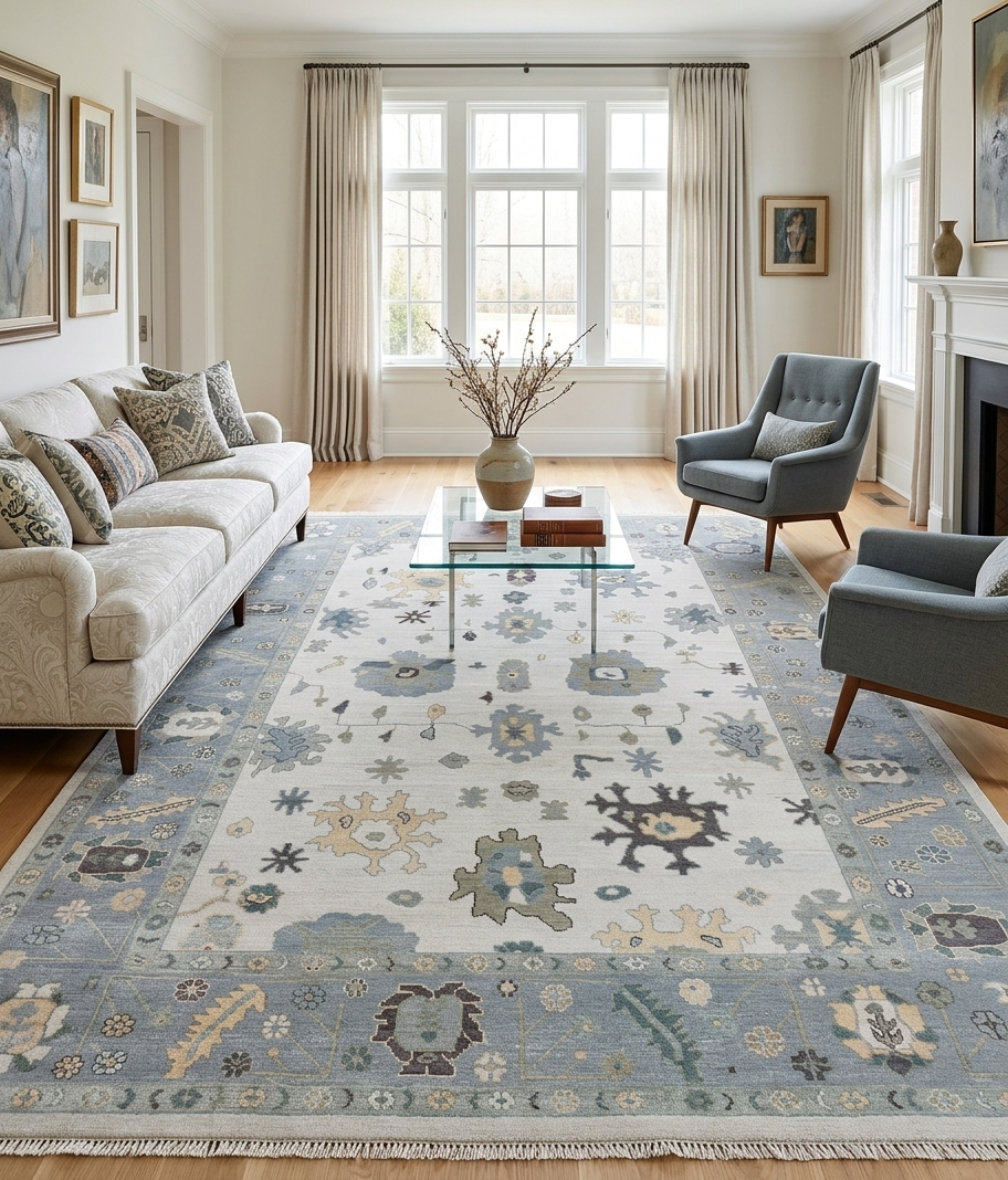 Hand Knotted Oushak Rug – Ivory & Soft Blue Turkish Wool Carpet, Vintage Geometric Medallion Handmade Area Rug for Living Room Bedroom