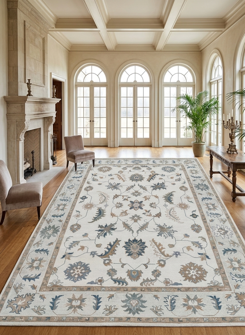Hand Knotted Oushak Rug, Ivory Beige Turkish Wool Rug, Vintage Floral Oriental Carpet, Neutral Handmade Area Rug, Custom Size Rug Regalia