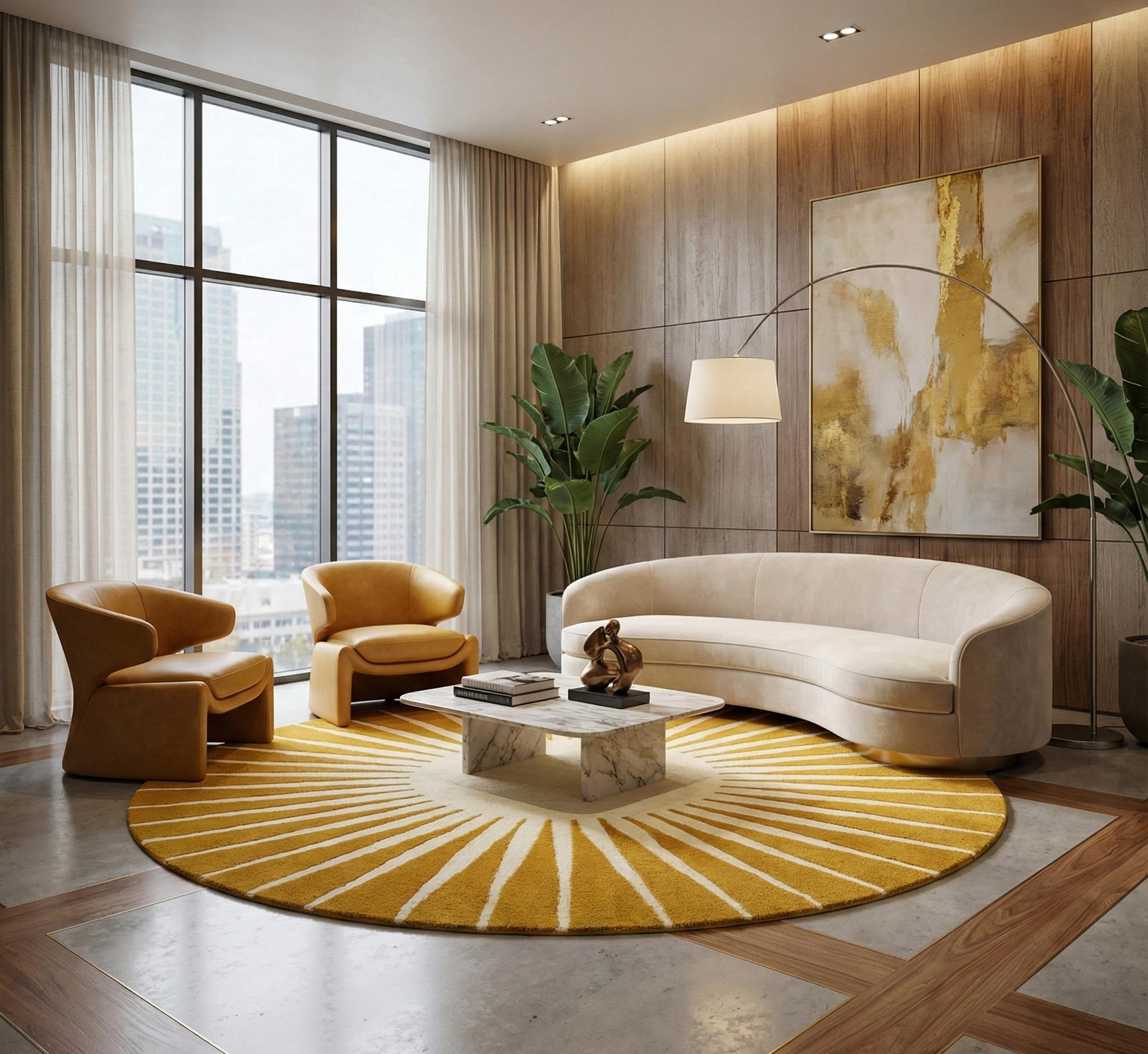Sunburst Round Wool Rug - Hand-Tufted Mustard & Cream Modern Boho Rug | Radiant Circular Rug by Rug Regalia