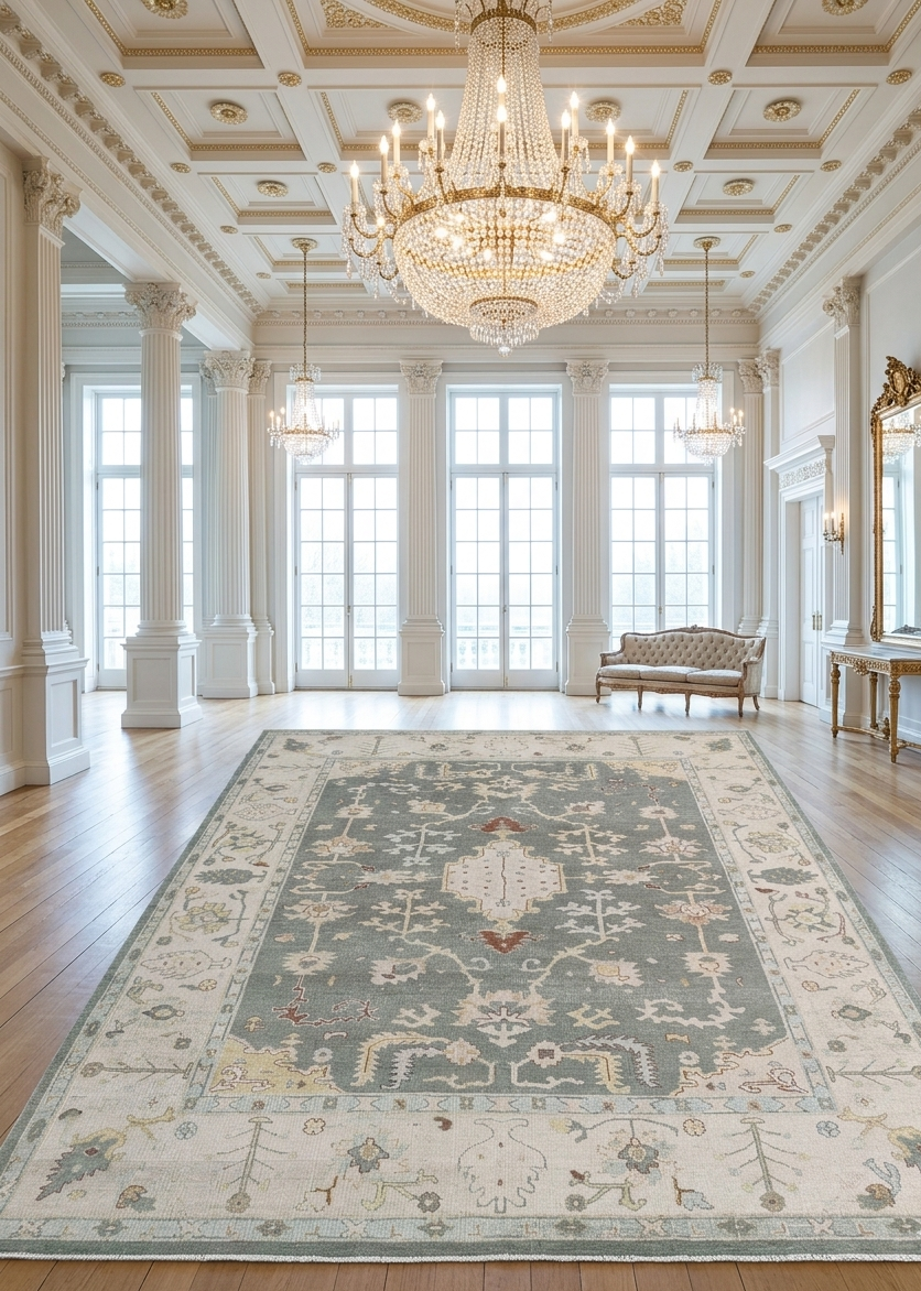 Blue Ivory Oushak Style Rug, Hand Knotted Wool Area Rug, Vintage Turkish Inspired Carpet, Living Room Rug 8x10, Custom Size Available