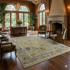 Hand-Knotted Oushak Wool Rug - Soft Sage Green with Muted Gold & Pastel Accents | Rug Regalia