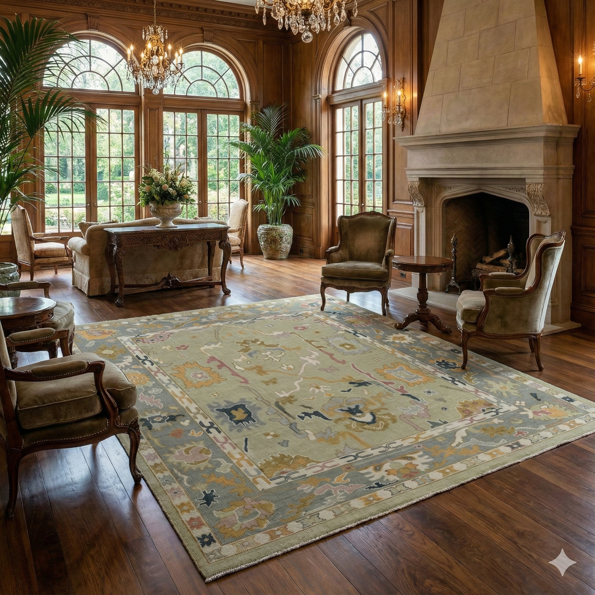 Hand-Knotted Oushak Wool Rug - Soft Sage Green with Muted Gold & Pastel Accents | Rug Regalia