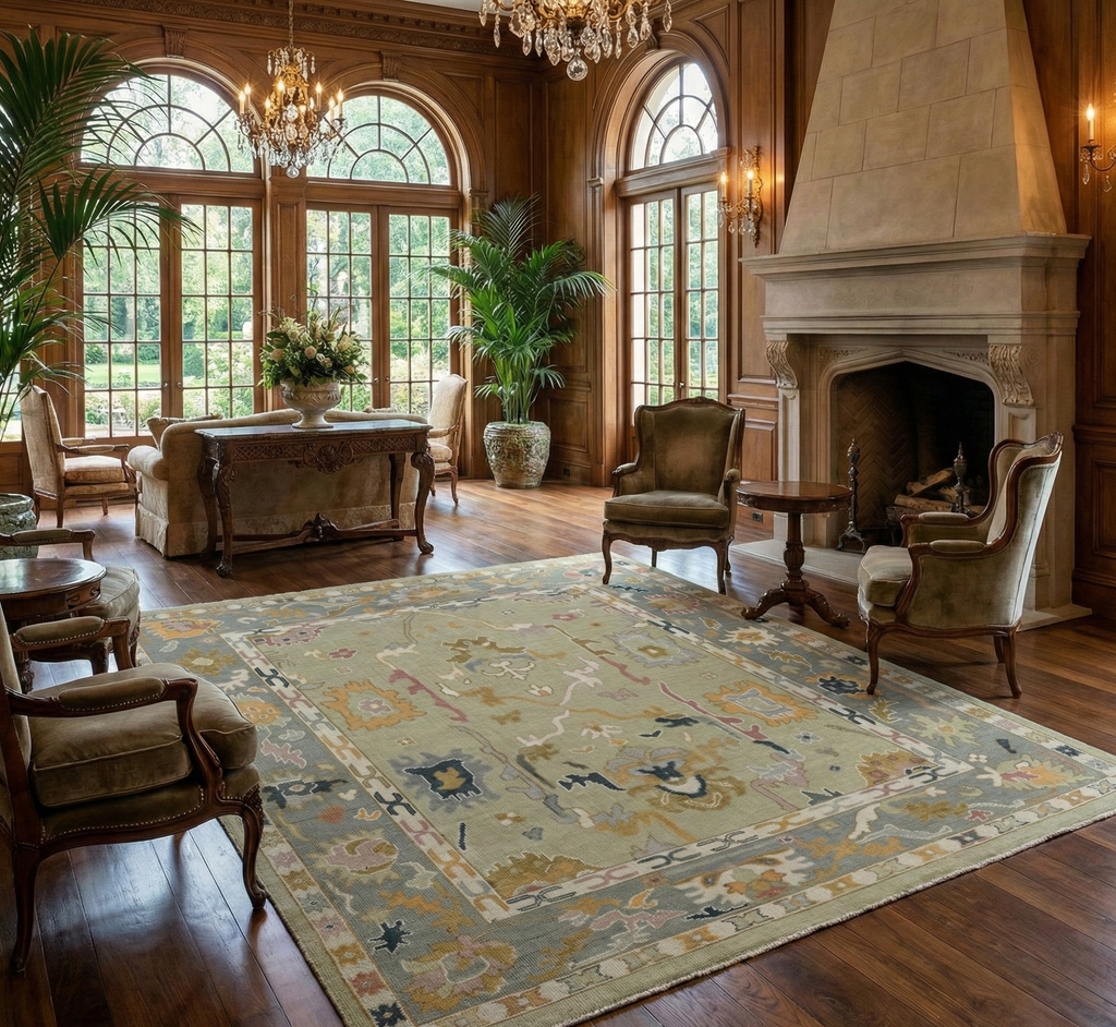 Hand-Knotted Oushak Wool Rug - Soft Sage Green with Muted Gold & Pastel Accents | Rug Regalia