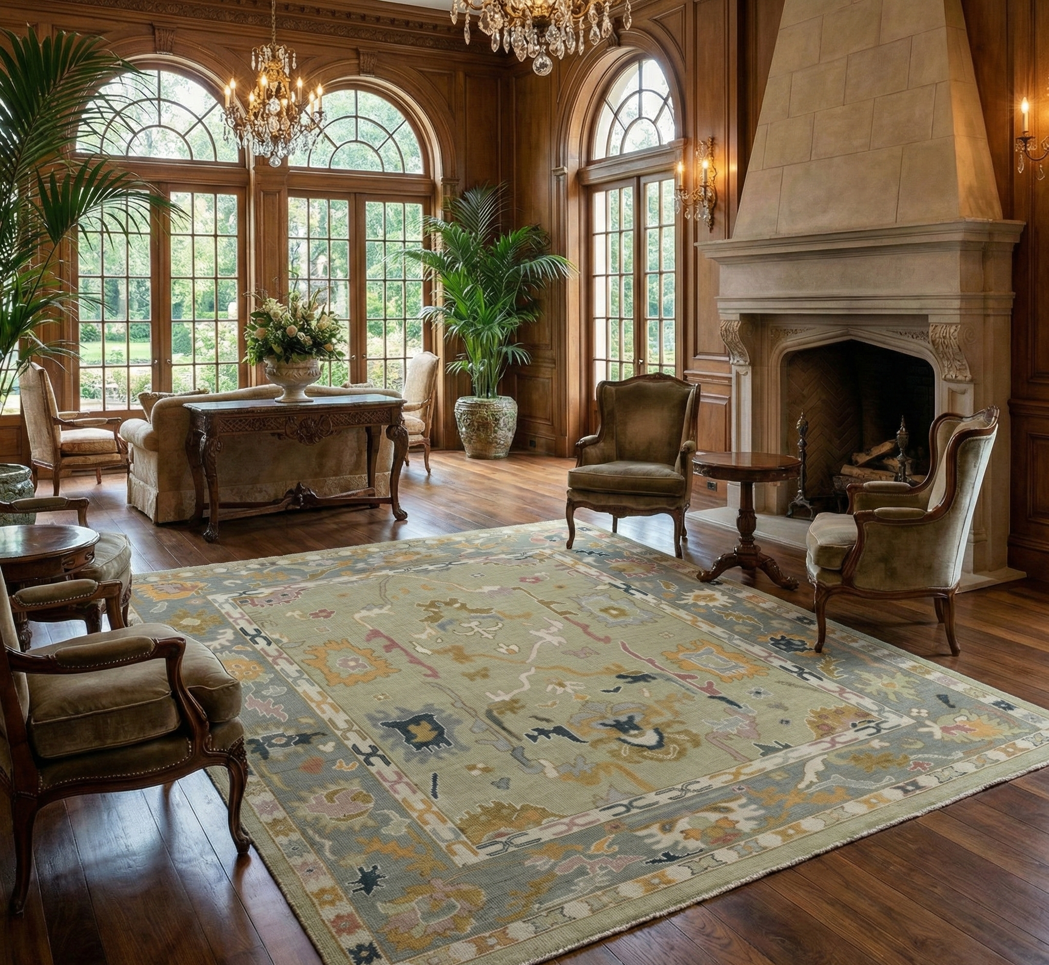 Hand-Knotted Oushak Wool Rug - Soft Sage Green with Muted Gold & Pastel Accents | Rug Regalia