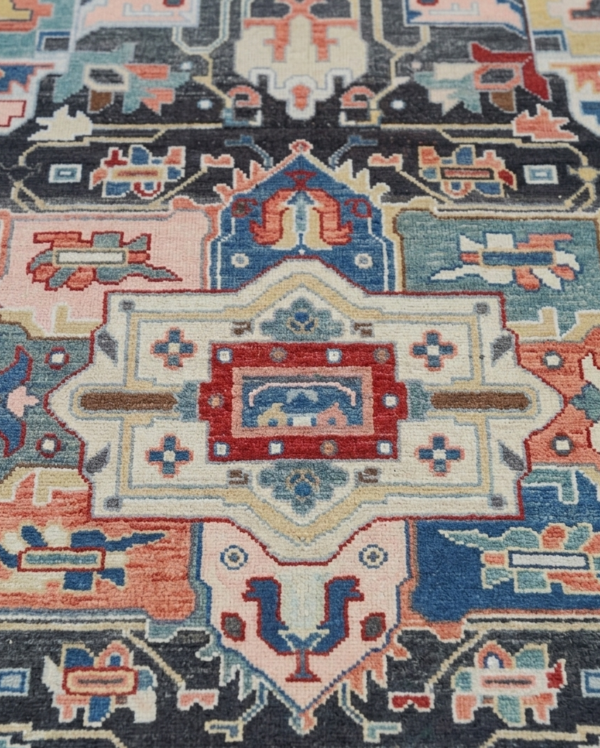 Hand Knotted Wool Oushak Rug, Red Ivory Blue Medallion Carpet (8x10)