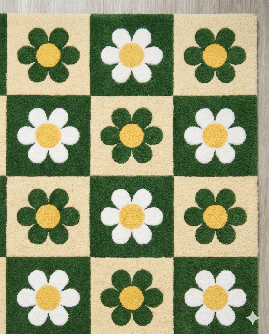 Retro Daisy Checkerboard Hand Tufted Rug – Green & Cream Floral Pattern | Modern Aesthetic Area Rug for Living Room Bedroom