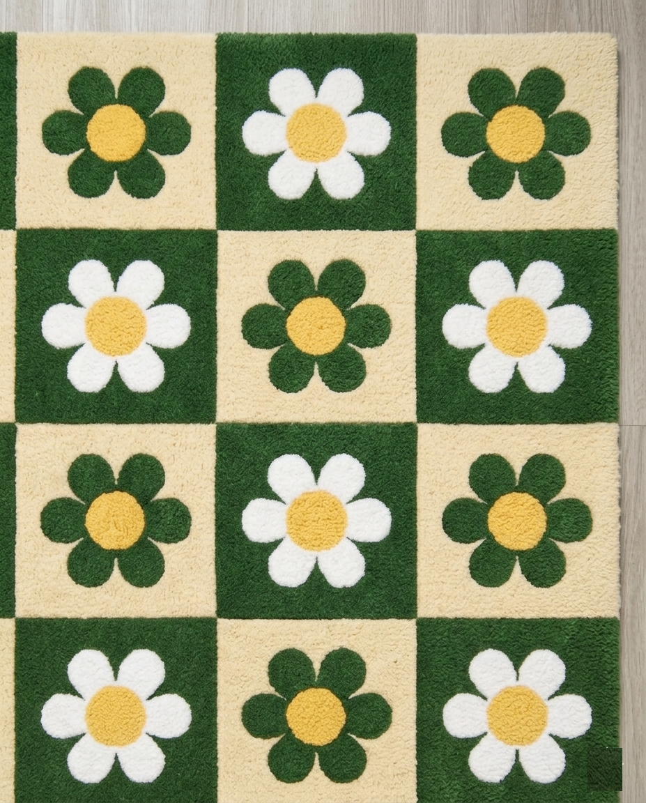 Retro Daisy Checkerboard Hand Tufted Rug – Green & Cream Floral Pattern | Modern Aesthetic Area Rug for Living Room Bedroom